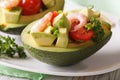 Avocado stuffed with shrimp salad macro on a plate. horizontal