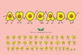 Avocado summer font. Funny characters. Cartoon alphabet. Natural healthy food concept. Cute letters and numbers on pink