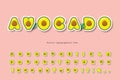 Avocado summer trendy font. Cartoon paper cut out alphabet. Natural healthy food concept. Cute funny letters and numbers