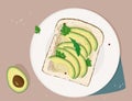 Avocado toast. Fresh toasted bread with slices of ripe avocado. Delicious avocado sandwich with sesame seeds, seasoning and dill.