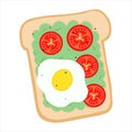 Avocado toast, fried egg, cherry tomato slices on white bread. healthy breakfast Royalty Free Stock Photo