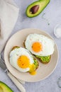 Avocado toast with fried egg and sea salt on a plate on a grey background. A healthy breakfast or lunch. Vertical orientation Royalty Free Stock Photo