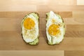 Avocado toast and fried egg on wooden background for breakfast Royalty Free Stock Photo