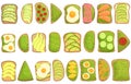 Avocado toast icons set cartoon . Bread slice