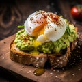 Avocado toast with poached egg on dark rye bread, close up. Sandwich with guacamole oar avocado dip and poached egg on dark