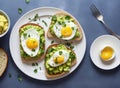 Avocado toast with poached egg on a wooden board, generative ai, healthy food. Breakfast concept