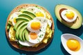 Avocado toast with poached egg on a wooden board, generative ai, healthy food. Breakfast concept