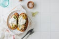 Avocado toast with poached egg. Healhty breakfast concept.