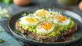 Avocado toast with poached eggs and microgreens on a ceramic plate