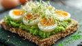 Avocado toast with poached eggs and microgreens on a ceramic plate