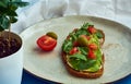 Avocado toast of rye bread with sauce, tomatoes, arugula on large grey plate on blue background. Vegetarian useful breakfast. Royalty Free Stock Photo