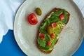 Avocado toast of rye bread with sauce, tomatoes, arugula on large grey plate on blue background. Vegetarian useful breakfast.