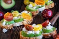 Avocado Toast with Avocado Tomatoes Basil and Feta Cheese Royalty Free Stock Photo