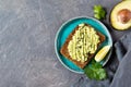 Avocado toast on whole grain bread, mashed avocado with sesame seeds and lime, healthy eating concept, top view Royalty Free Stock Photo