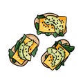 Avocado toasts with cheese cute cartoon doodles. Detailed avocado vector sandwiches isolated on white background. Stock