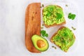 Avocado toasts with pumpkin and chia seeds, top view on a marble and wood platter Royalty Free Stock Photo