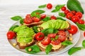 Avocado and tomatoes sandwiches with hummus, sesame and basil in a plate over white wooden background Royalty Free Stock Photo