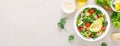 Avocado and tuna fresh vegetable salad with tomato, cucumber corn, onion, lettuce and spinach. Healthy and detox food. Banner. Royalty Free Stock Photo
