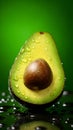 Avocado in water splashes close up. Sliced avocado isolated on green background with water drops. Vertical illustration of avocado