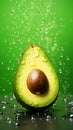 Avocado in water splashes close up. Sliced avocado isolated on green background with water drops. Vertical illustration of avocado