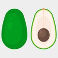 Avocado whole and slice. Tropical summer fruit. Made in cartoon flat style. Flat vector illustration avocados isolated on white ba