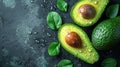 Avocados With Leaves and Water Drops on a Dark Surface. Generative AI Royalty Free Stock Photo