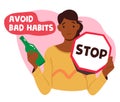 Avoid Bad Habits Banner with Woman Holding Stop Sign and Alcohol Bottle. Health Care, Immunity Boost Concept