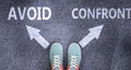 Avoid and confront as different choices in life - pictured as words Avoid, confront on a road to symbolize making decision and