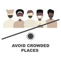 Avoid crowded places concept. Quarantine Coronavirus Pandemic concept sign. Crossed out crowd of Black, African and white