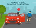 Avoid the door zone. Always check before opening doors. Female driver opens car door in front of scared cyclist.