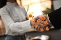 Avoid handshakes during coronavirus outbreak. People greeting, closeup