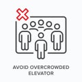Avoid overcrowded elevator flat line icon. Vector outline illustration of group of people, crowd in lift. Coronavirus