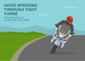 Avoid speeding through tight turns, you may end up flying off the road. Close-up front view of a biker on sharp turn. Royalty Free Stock Photo