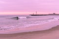 sunrise sky with shore birds and seagulls flying over the Atlantic Ocean near the Shark River Inlet Royalty Free Stock Photo