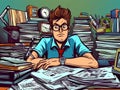 Avral. Workplace, worker and a lot of work, documents.Angry boss.