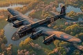 Avro Lancaster type heavy bomber, flying over the English countryside at dusk