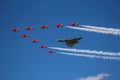 The Avro Vulcan XH558 being escorted by the Red Arrows