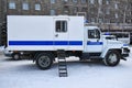 Avtozak - car for transporting detained criminals. Action in support of Navalny. Russian police car stands on square with protest