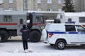 Avtozak - car for transporting detained criminals. Action in support of Navalny. Russian police car stands on square with protest