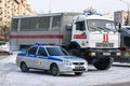 Avtozak - car for transporting detained criminals. Action in support of Navalny. Russian police car stands on square with protest