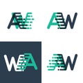 AW letters logo with accent speed in tosca green and dark blue