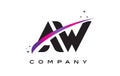 AW A W Black Letter Logo Design with Purple Magenta Swoosh