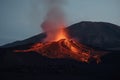 An awakened volcano, lava eruption after an earthquake, beautiful lava from a volcano at night