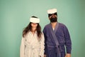 Awakening from virtual reality. Couple in bathrobes wear vr glasses. Conscious awakening. Return to reality. Man and