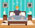 Awaking in bad mood young man vector flat illustration