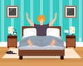 Awaking in good mood young man vector flat illustration