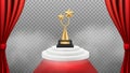 Award background. Golden trophy on white podium and red carpet and curtains. Vector realistic award winning backdrop Royalty Free Stock Photo