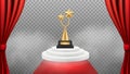 Award background. Golden trophy on white podium and red carpet and curtains. Vector realistic award winning backdrop