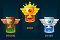 Award cup icons. Bronze, silver and golden reward with pennant. Premium award level up icon Royalty Free Stock Photo