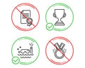 Award cup, Scuba diving and Certificate icons set. Honor sign. Trophy, Trip swimming, Diploma. Medal. Vector